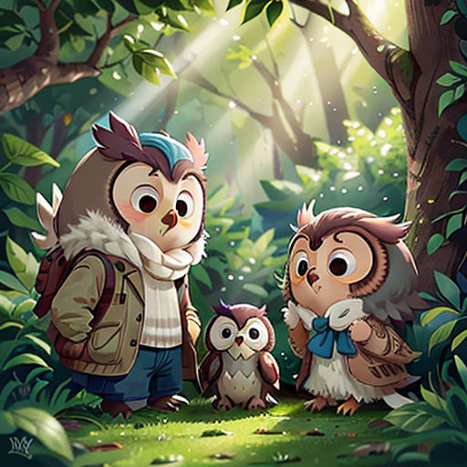 a group of owls standing in the middle of a forest with a man and a woman standing next to them