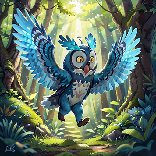 an owl flying through a forest filled with trees and leaves, with the sun shining through the trees behind it