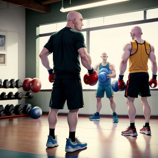 a group of men standing around a gym with kettles and dumbs in front of them, all looking at each other