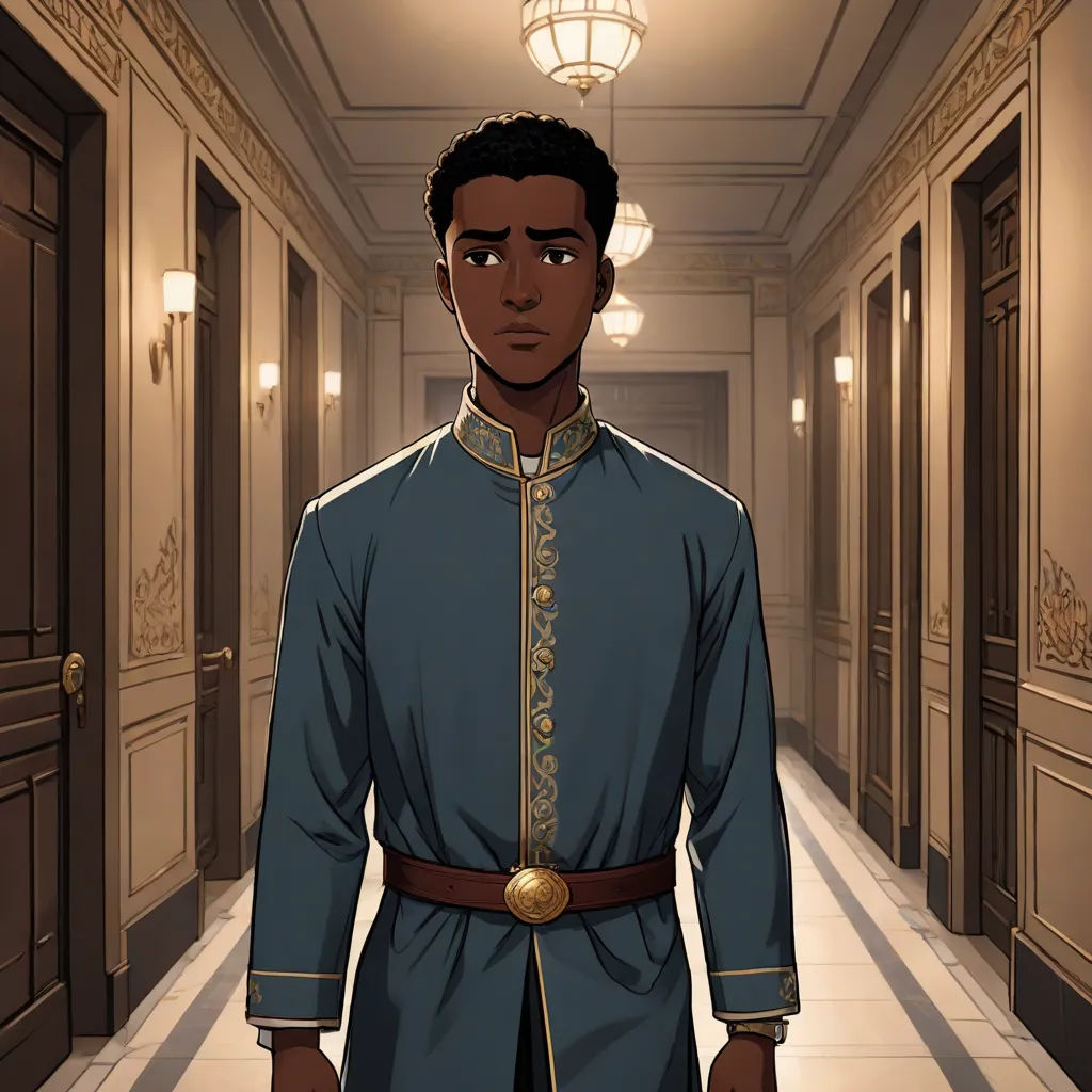 a man in a blue outfit standing in a hallway with a light on above his head and a door to another room, harlem renaissance, a character portrait, Cedric Seaut (Keos Masons), character portrait