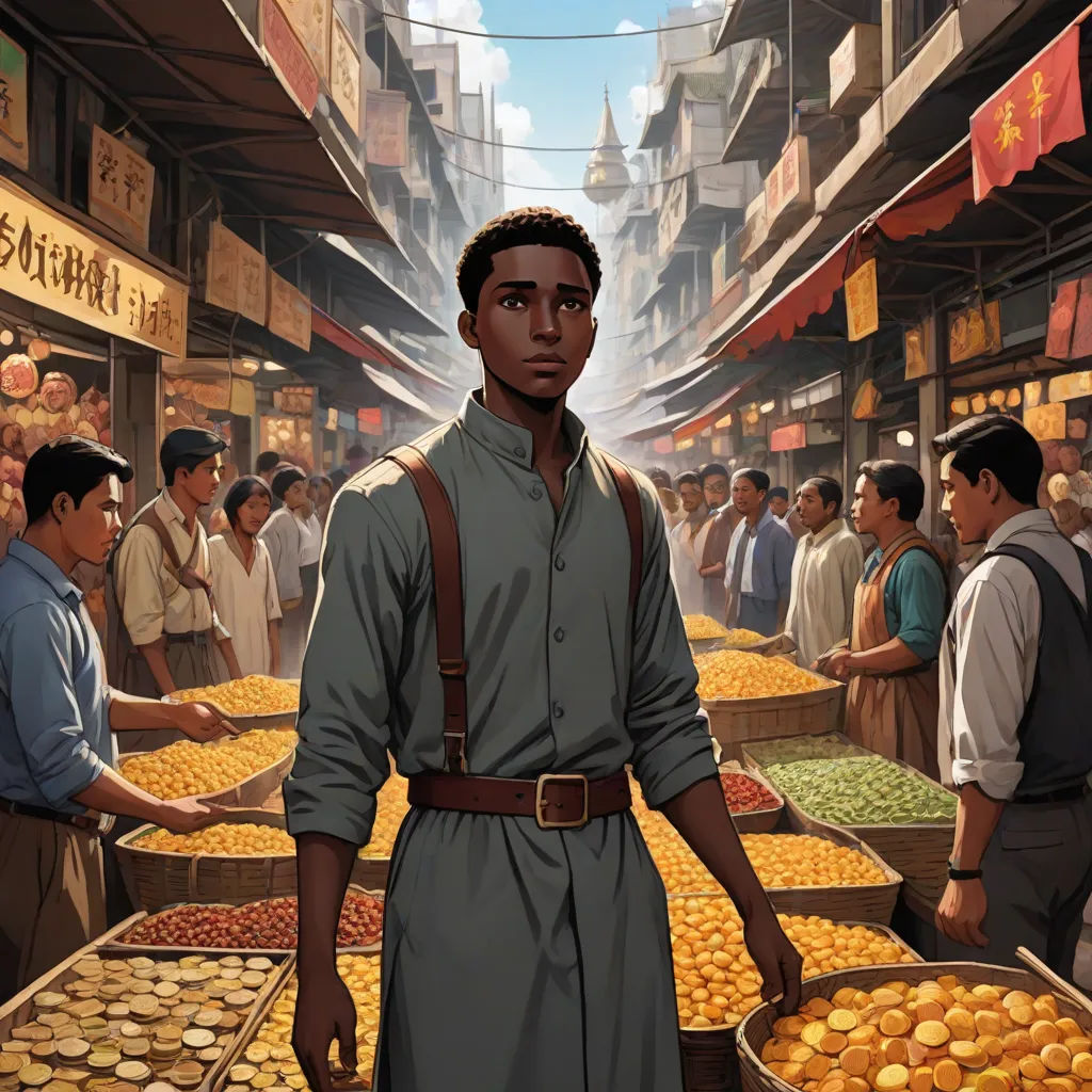 a man standing in a market with a tray of oranges in front of him and a crowd of people, harlem renaissance, concept art, Cedric Seaut (Keos Masons), comic cover art