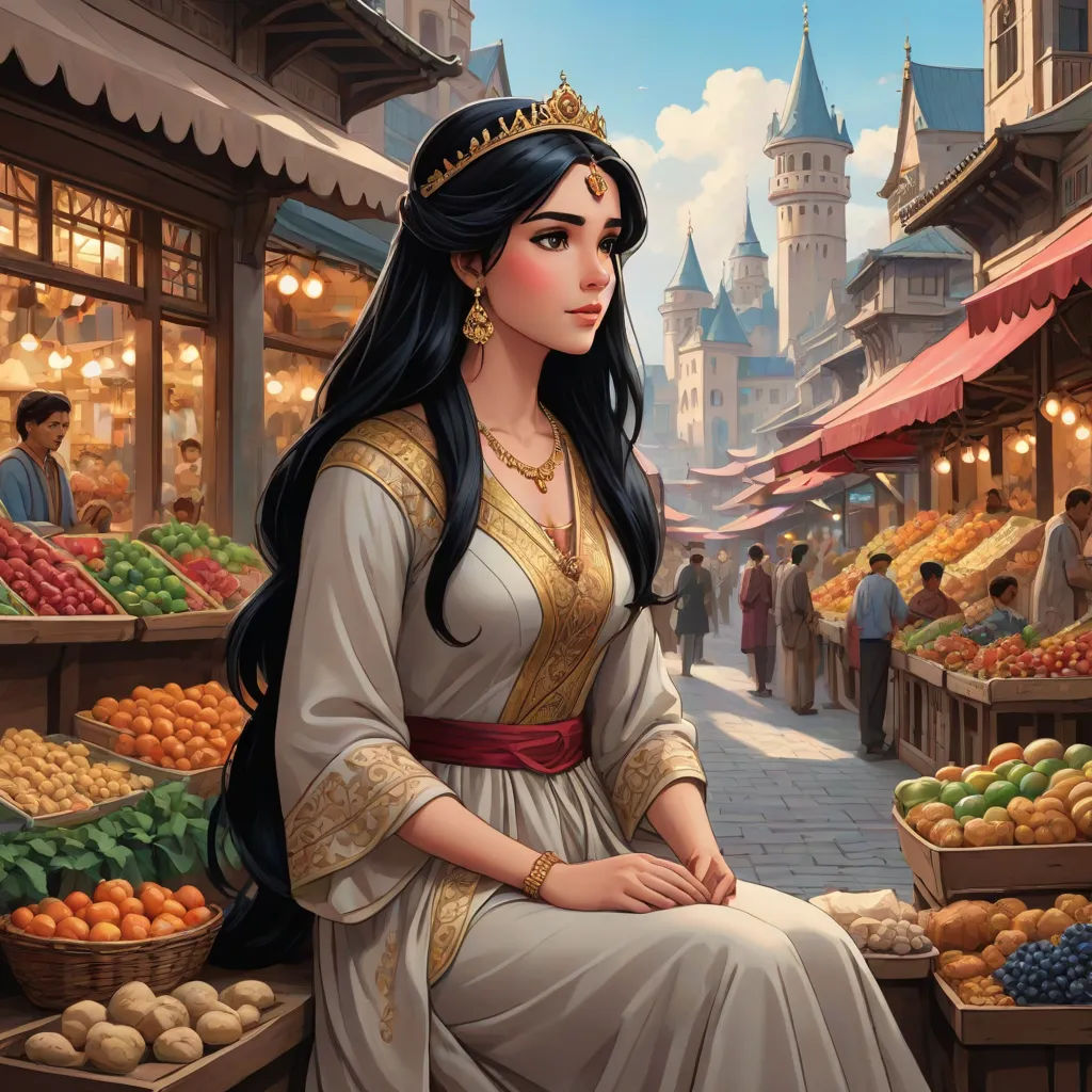 a woman sitting on a bench in front of a fruit stand with a castle in the background and people shopping, fantasy art, a storybook illustration, Altoon Sultan, official art