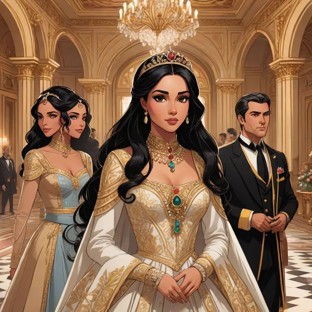 a cartoon of a man and woman in formal dress standing next to each other in a palace hallway with a chandelier, fantasy art, a detailed painting, Altoon Sultan, beautiful detailed