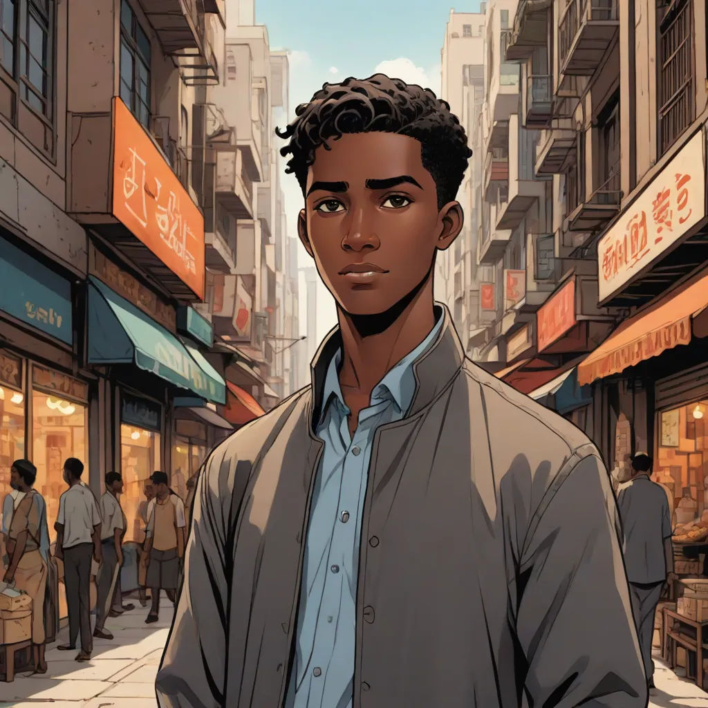 a man standing in front of a store on a city street with a blue shirt on and a blue shirt on, harlem renaissance, a comic book panel, Du Jin, official art