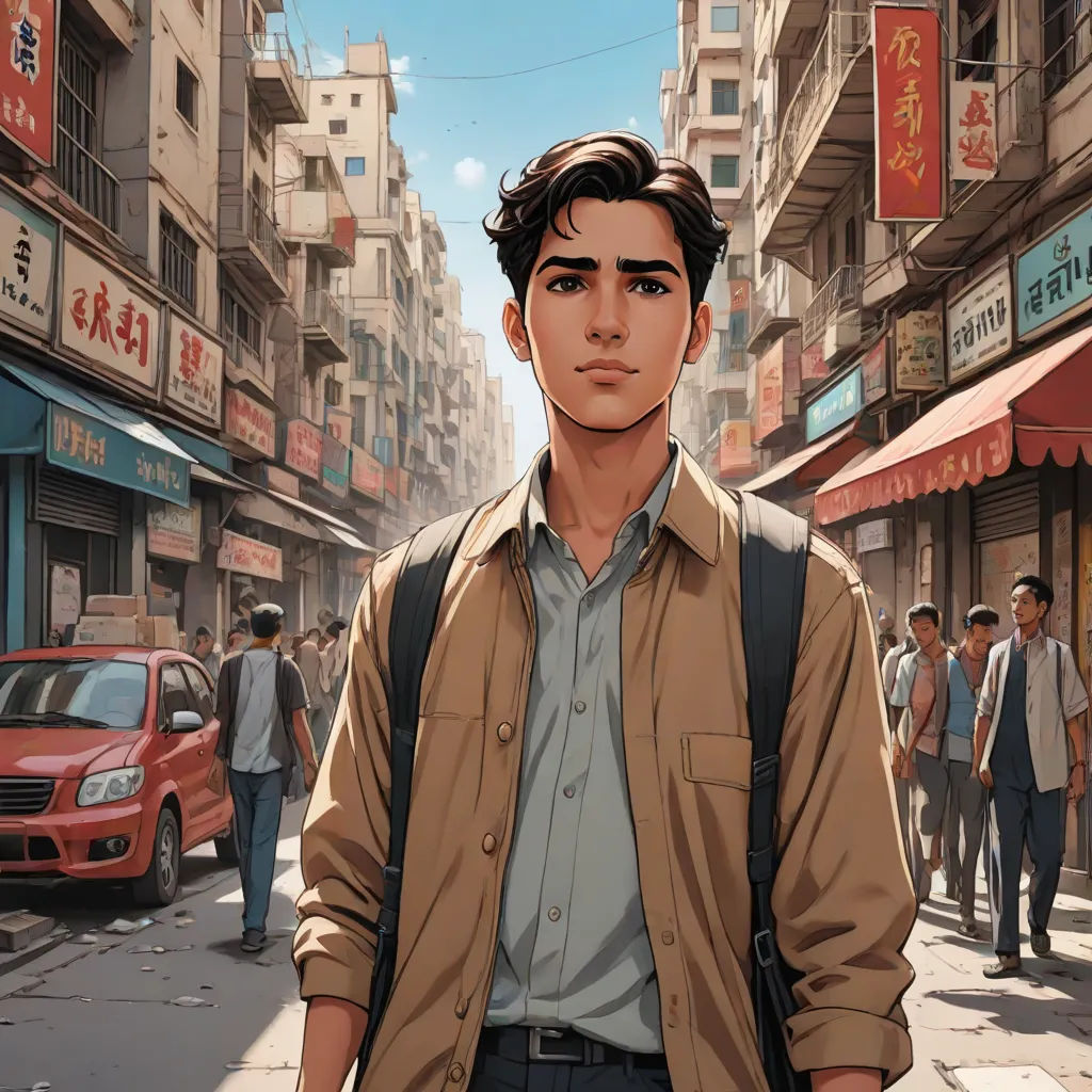 a man standing on a street with a backpack on his shoulder and a red car parked on the side of the street, photorealism, a comic book panel, David Park, stanley artgerm lau