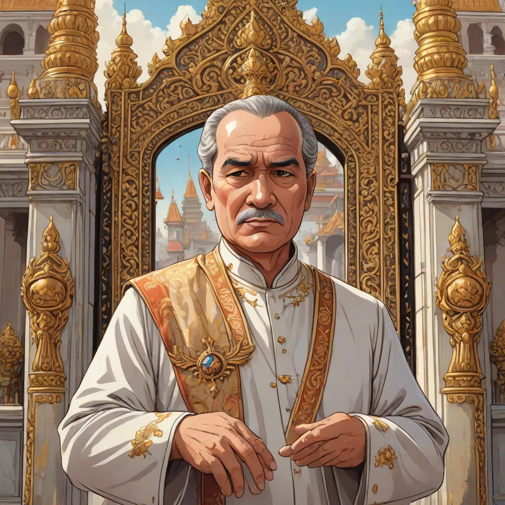a man in a white suit and gold vest standing in front of a golden gate with a clock on it, samikshavad, a character portrait, Basuki Abdullah, official art