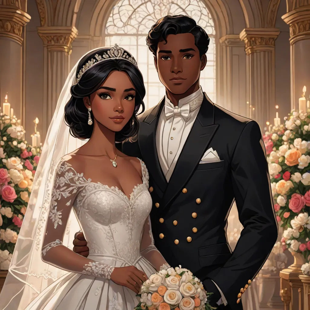 a man and a woman in wedding attire standing next to each other in front of a floral display with candles, harlem renaissance, a detailed painting, Charlie Bowater, official art