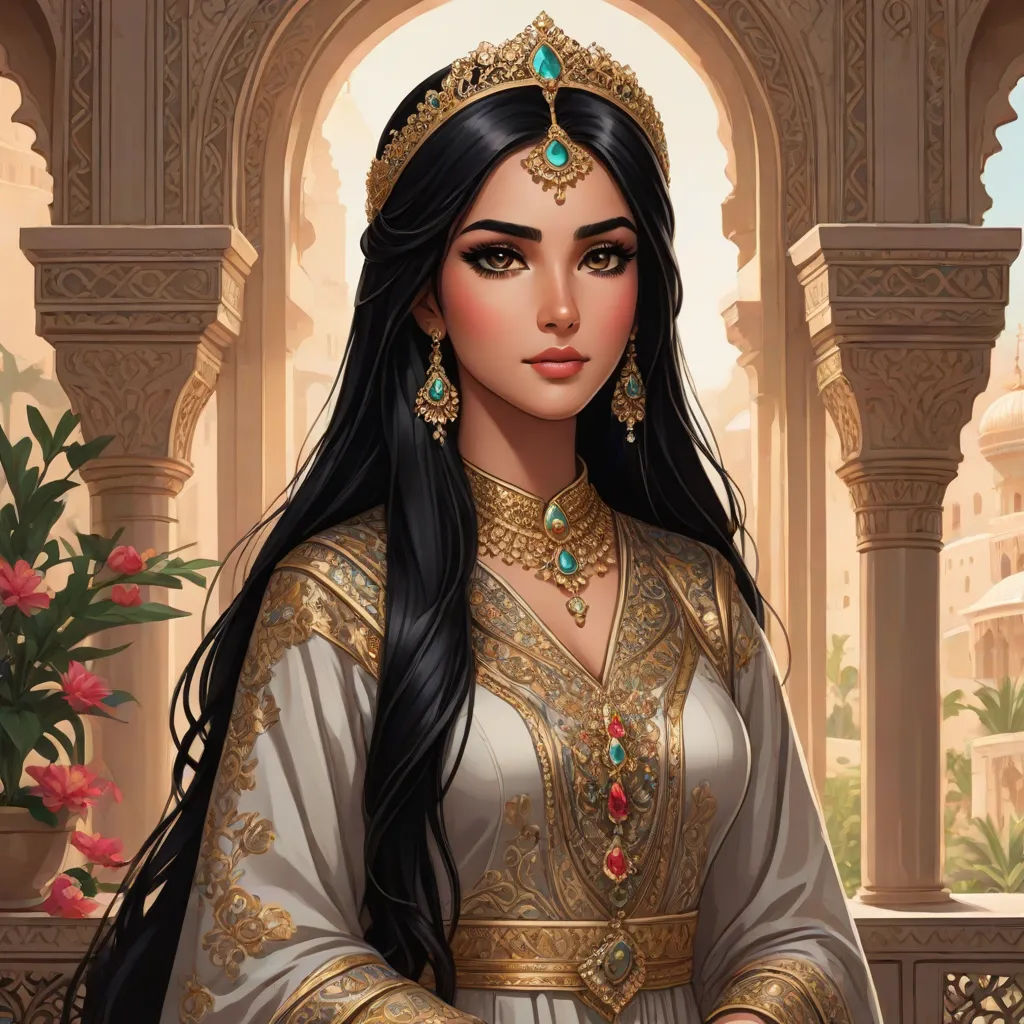 a woman in a white dress with long black hair and a gold necklace and earrings, standing in a courtyard, fantasy art, a detailed painting, Altoon Sultan, beautiful detailed