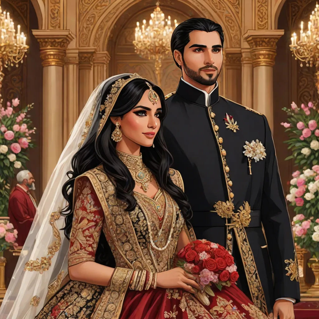 a painting of a man and woman in wedding attire standing next to each other in a room with chandeliers, qajar art, a detailed painting, Altoon Sultan, highly detailed digital painting