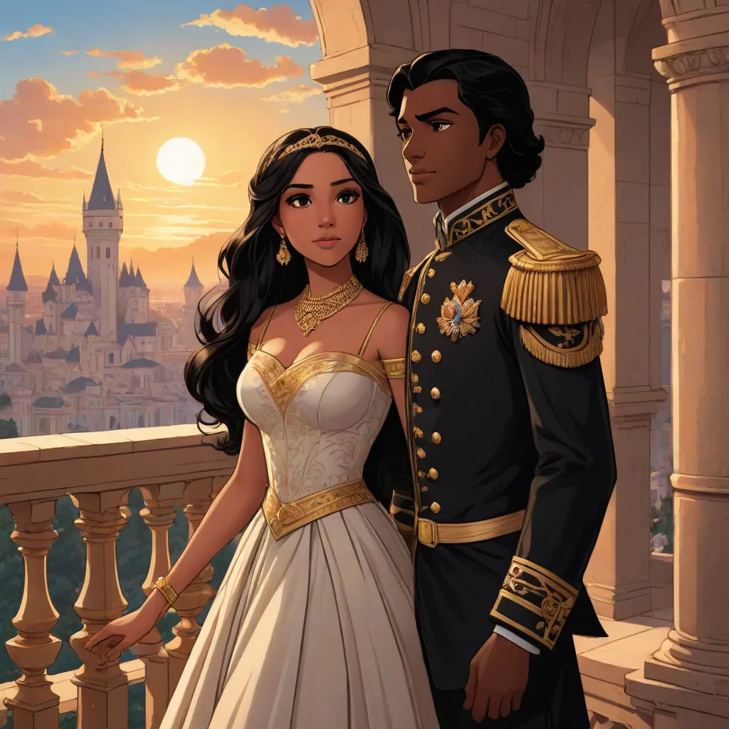 a man and woman in formal clothes standing next to each other on a balcony overlooking a city at sunset, sots art, a storybook illustration, disney, official art