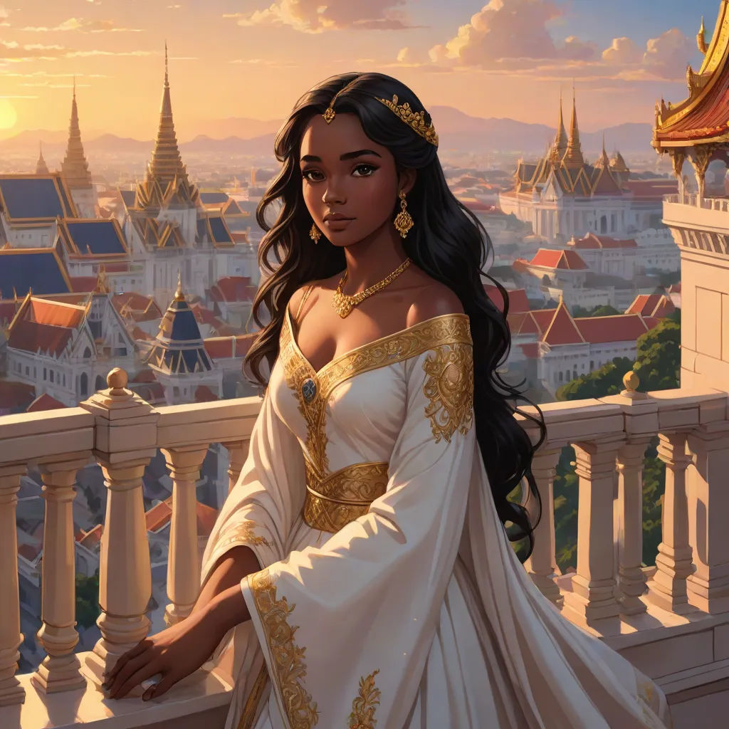 a woman in a white dress standing on a balcony with a city in the background and a golden crown on her head, fantasy art, an ultrafine detailed painting, Charlie Bowater, mars ravelo and greg rutkowski