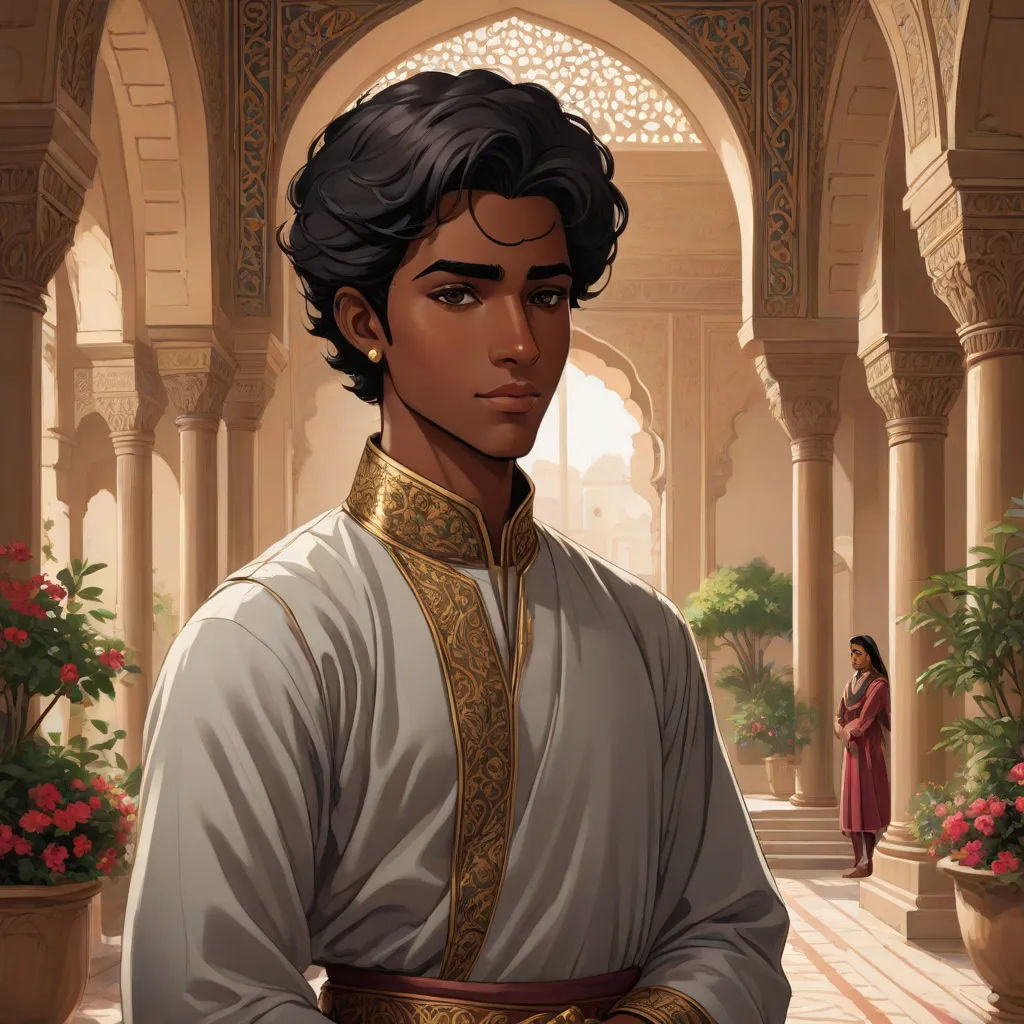 a man in a white shirt and a woman in a red dress in a courtyard with flowers and potted plants, qajar art, a character portrait, Altoon Sultan, official art