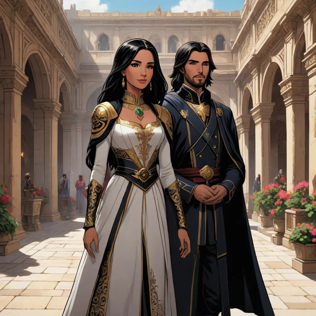 a man and woman dressed in medieval clothing standing in a courtyard of a building with flowers in the background, fantasy art, concept art, Altoon Sultan, mars ravelo and greg rutkowski