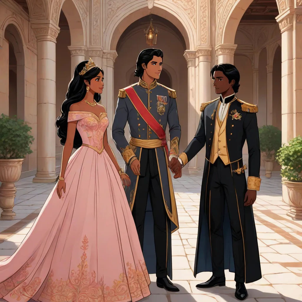 a man and woman in formal dress standing next to each other in a courtyard with a potted plant, magical realism, a storybook illustration, Altoon Sultan, official art