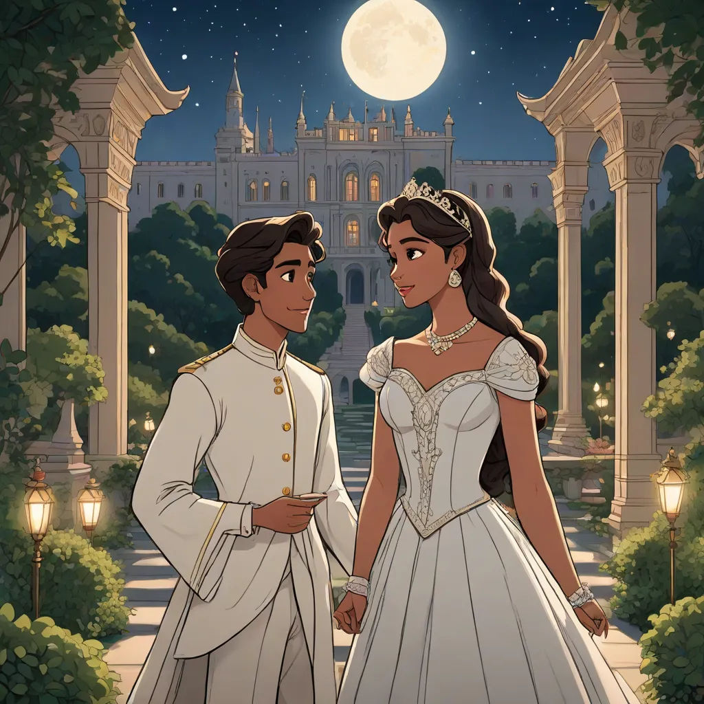 a couple dressed in white standing next to each other in front of a castle at night with a full moon, magical realism, a storybook illustration, disney, official art