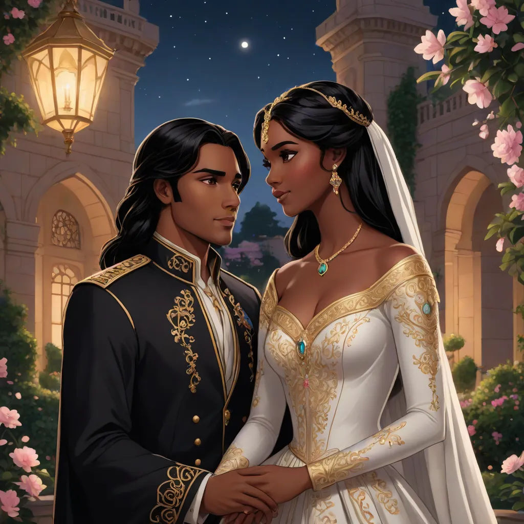 a couple dressed in medieval clothing standing next to each other in front of a castle at night with a full moon, fantasy art, a storybook illustration, Altoon Sultan, official art