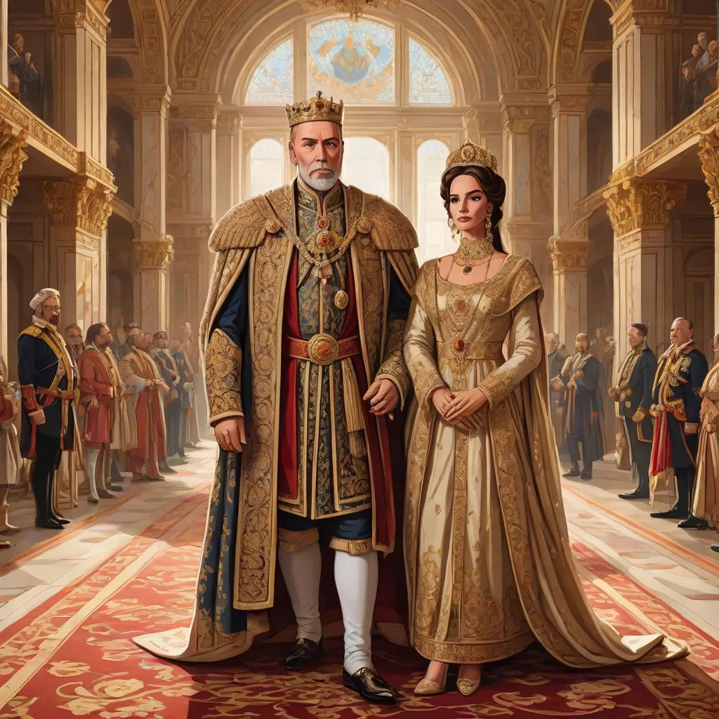 a painting of a man and woman in medieval dress standing in a hall with other people in the background, sots art, a detailed painting, Charles Bird King, official art