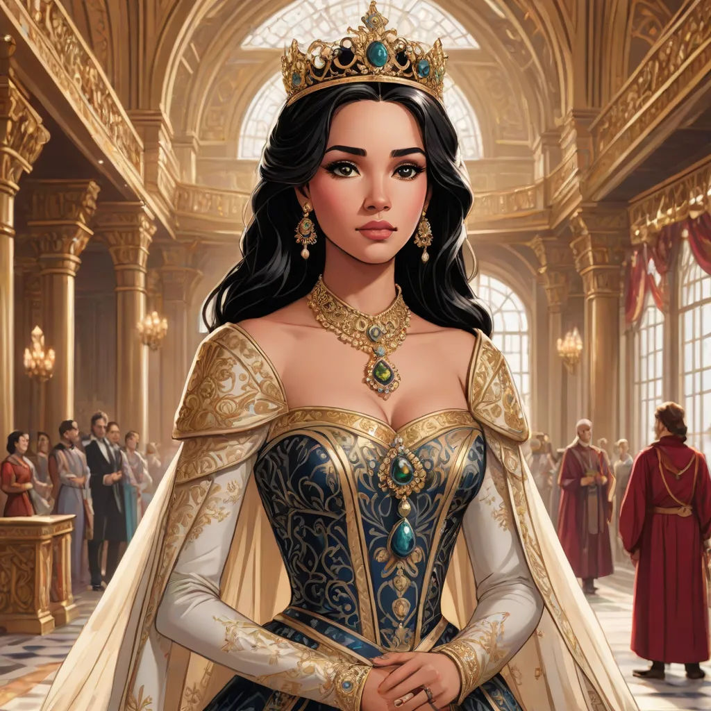 a woman in a blue and gold dress with a crown on her head and a crowd of people in the background, fantasy art, a detailed painting, Charlie Bowater, official art
