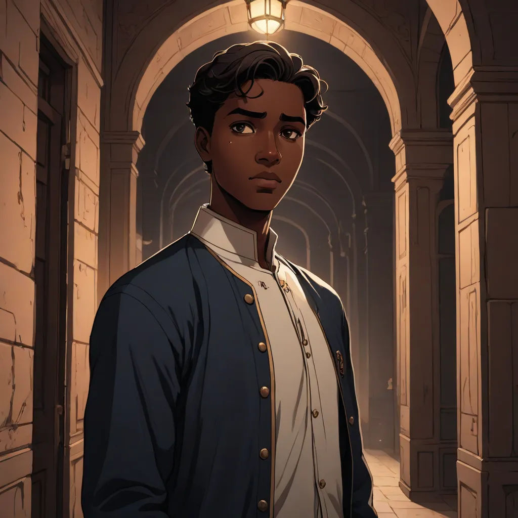 a man in a blue jacket standing in a hallway with a light on above his head and a doorway to another room, harlem renaissance, a character portrait, Cedric Seaut (Keos Masons), rossdraws global illumination