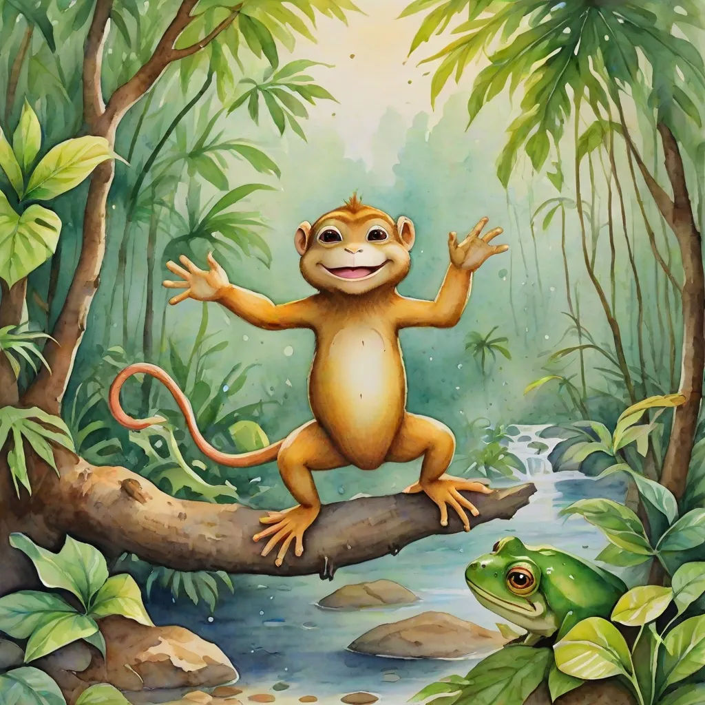 a painting of a monkey on a log in a jungle with a frog on the log and a stream running through the forest, primitivism, a storybook illustration, Chris LaBrooy, storybook illustration