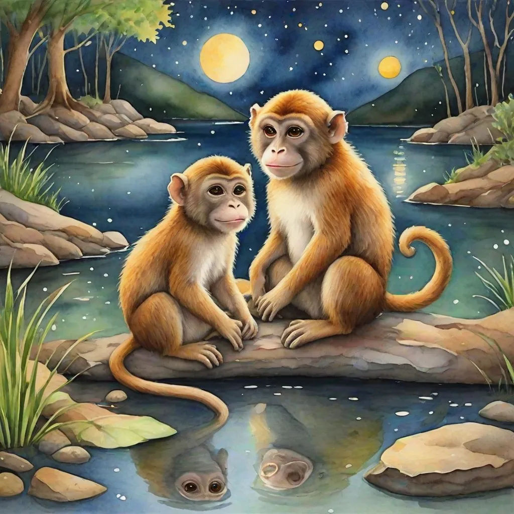 two monkeys sitting on a rock in front of a river at night with a full moon in the sky, space art, an oil painting, Alex Petruk APe, highly detailed digital painting