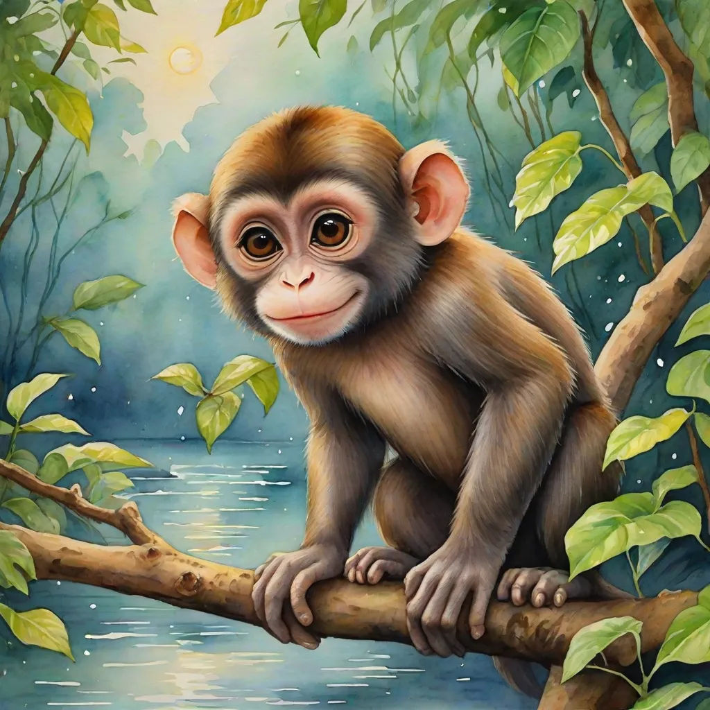 a painting of a monkey sitting on a tree branch over a river with leaves and a moon in the sky, fantasy art, a digital painting, Alex Petruk APe, highly detailed digital painting