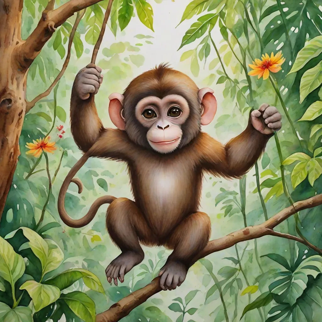 a monkey hanging on a tree branch in a jungle with flowers and leaves around it's neck and a flower in the foreground, primitivism, an airbrush painting, Alex Petruk APe, highly detailed digital painting