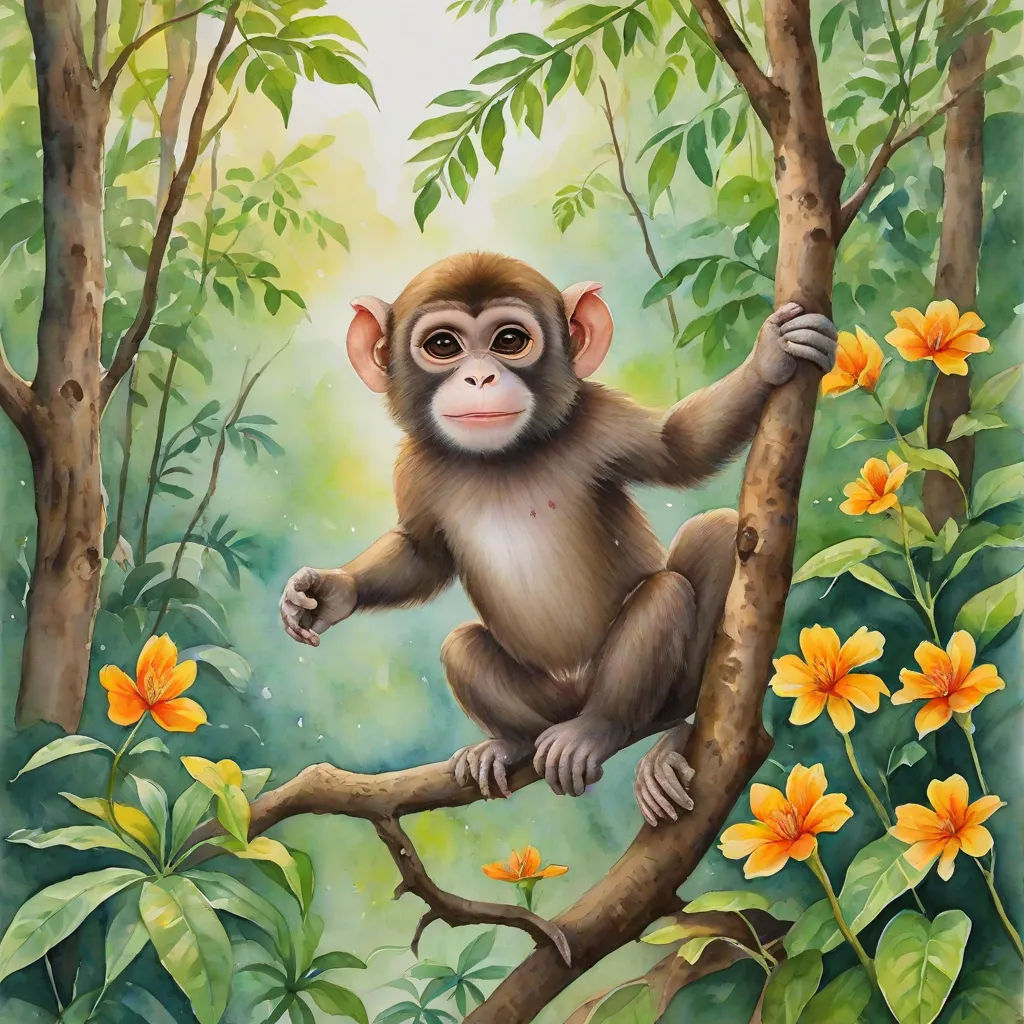 a painting of a monkey hanging on a tree branch in a jungle with flowers and leaves around it, with a green background, figurative art, a fine art painting, Alex Petruk APe, highly detailed digital painting