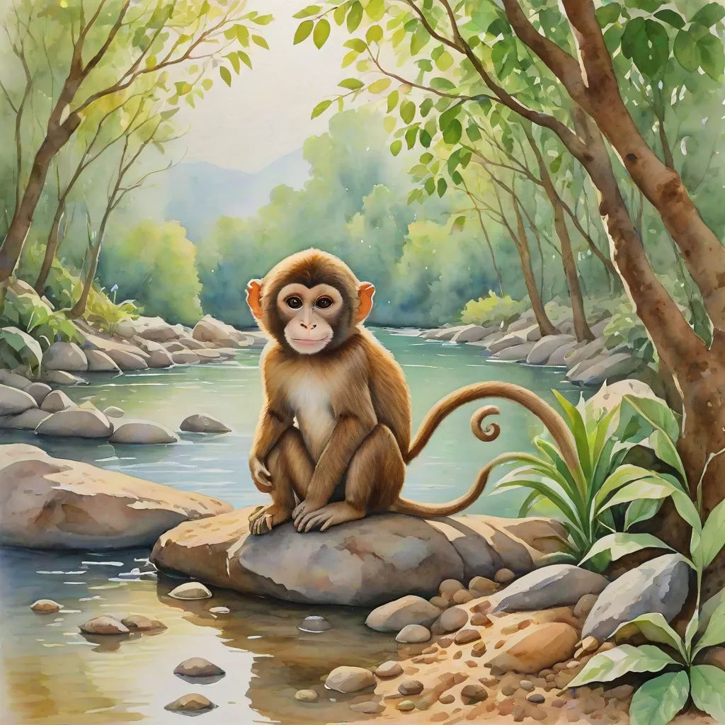a painting of a monkey sitting on a rock in a river with trees and rocks around it, with a river running through it, primitivism, an airbrush painting, Chris LaBrooy, highly detailed digital painting