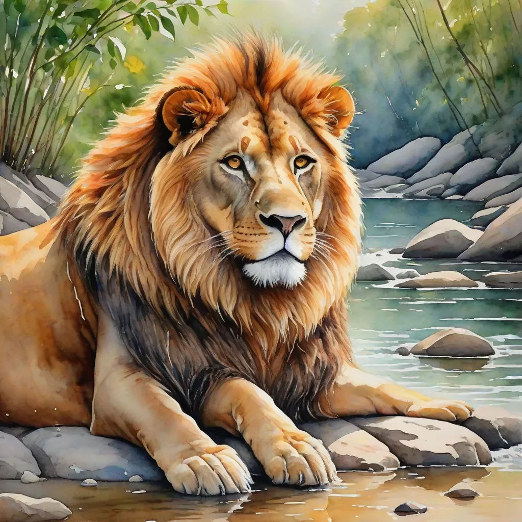 a painting of a lion laying on a rock in a river with rocks and trees in the background and water running through it, figurative art, an airbrush painting, Anne Stokes, highly detailed oil painting