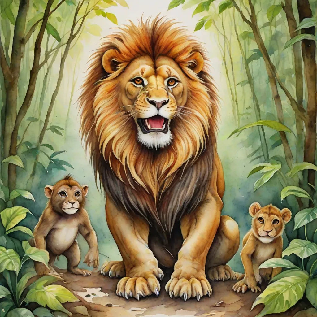 a painting of a lion and two cubs in a jungle setting with trees and foliage around it, with a white background, sumatraism, an oil painting, Chris LaBrooy, official art