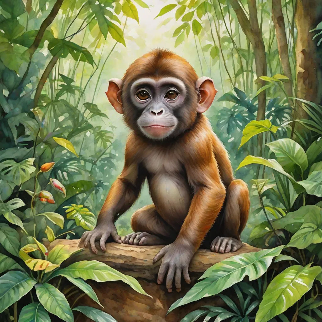 a monkey sitting on a log in the jungle with leaves around it and a background of trees and plants, primitivism, a digital painting, Alex Petruk APe, highly detailed digital painting