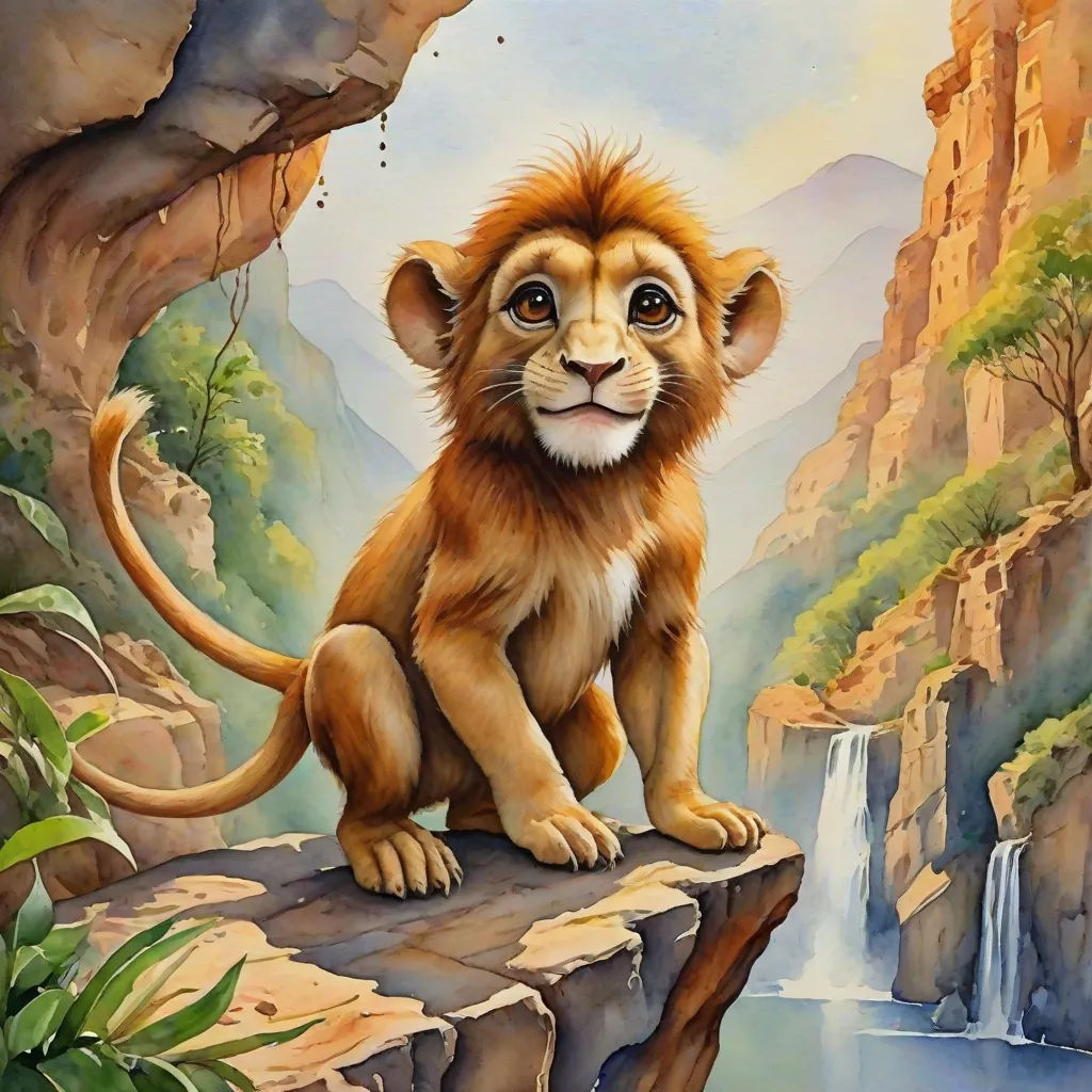 a painting of a lion sitting on a cliff with a waterfall in the background and a waterfall in the foreground, lyco art, an airbrush painting, Chris LaBrooy, highly detailed digital painting
