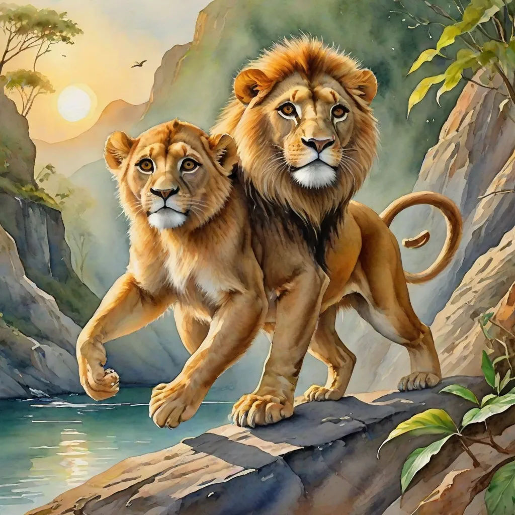 two lions are standing on a rock by a river and a mountain range is in the background with a bird flying over the water, fantasy art, an airbrush painting, Brothers Hildebrandt, highly detailed digital painting