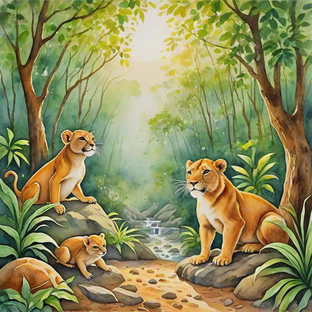 a painting of two lions sitting on a rock in the jungle with a stream running through it and a forest behind them, fantasy art, an oil painting, Alison Kinnaird, nature