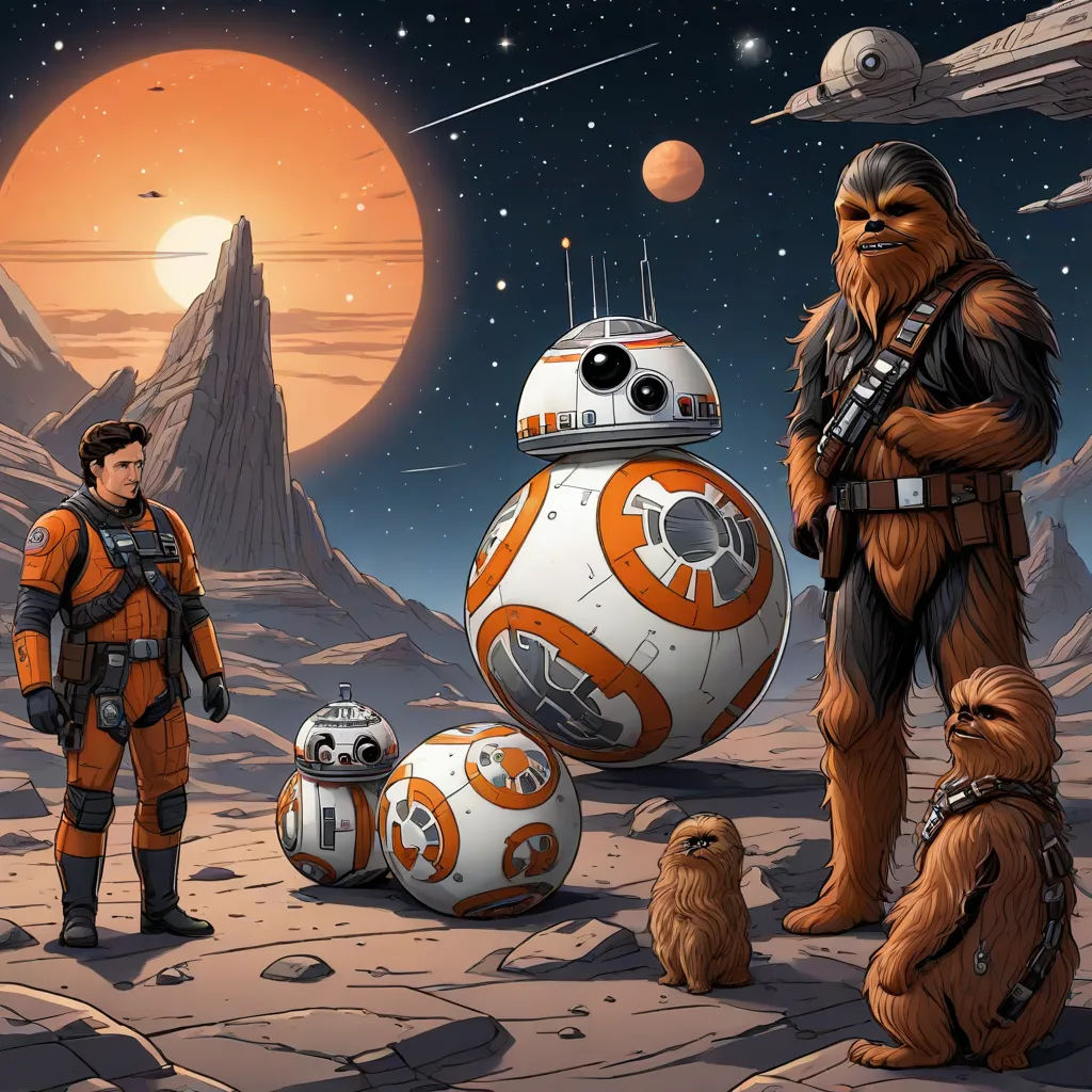 a star wars scene with chew - o - wee and bb - o - man and chew - o - man, a comic book panel, Dan Mumford, space art, josan gonzales and dan mumford