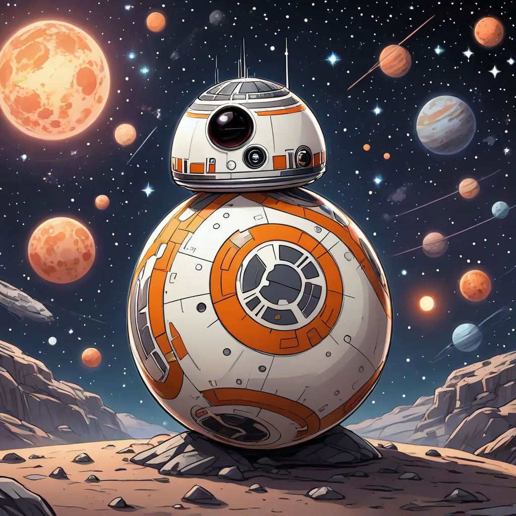 a star wars bbg robot is in the background of planets and stars in the sky with a full moon in the background, poster art, Dan Mumford, space art, josan gonzales and dan mumford