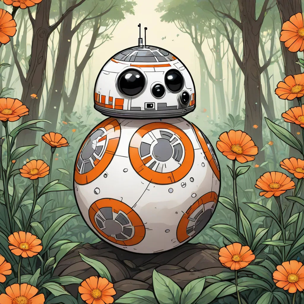 a star wars bbg robot in a forest of flowers and trees with orange flowers around it and a forest of orange flowers, a fine art painting, Dan Mumford, pop surrealism, highly detailed digital art
