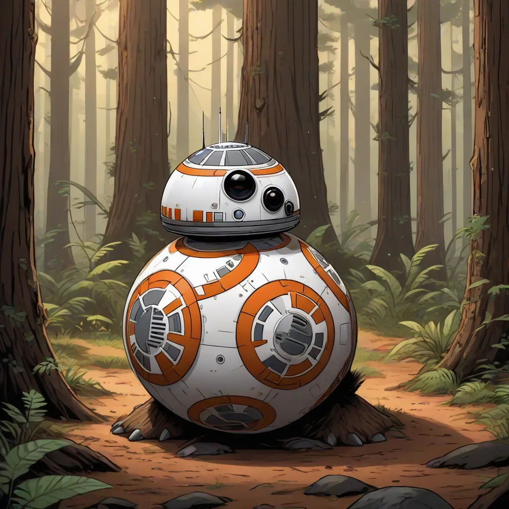 a star wars bbg in the woods with trees and rocks around it, with a background of trees and rocks, a digital painting, Dan Mumford, photorealism, highly detailed digital art