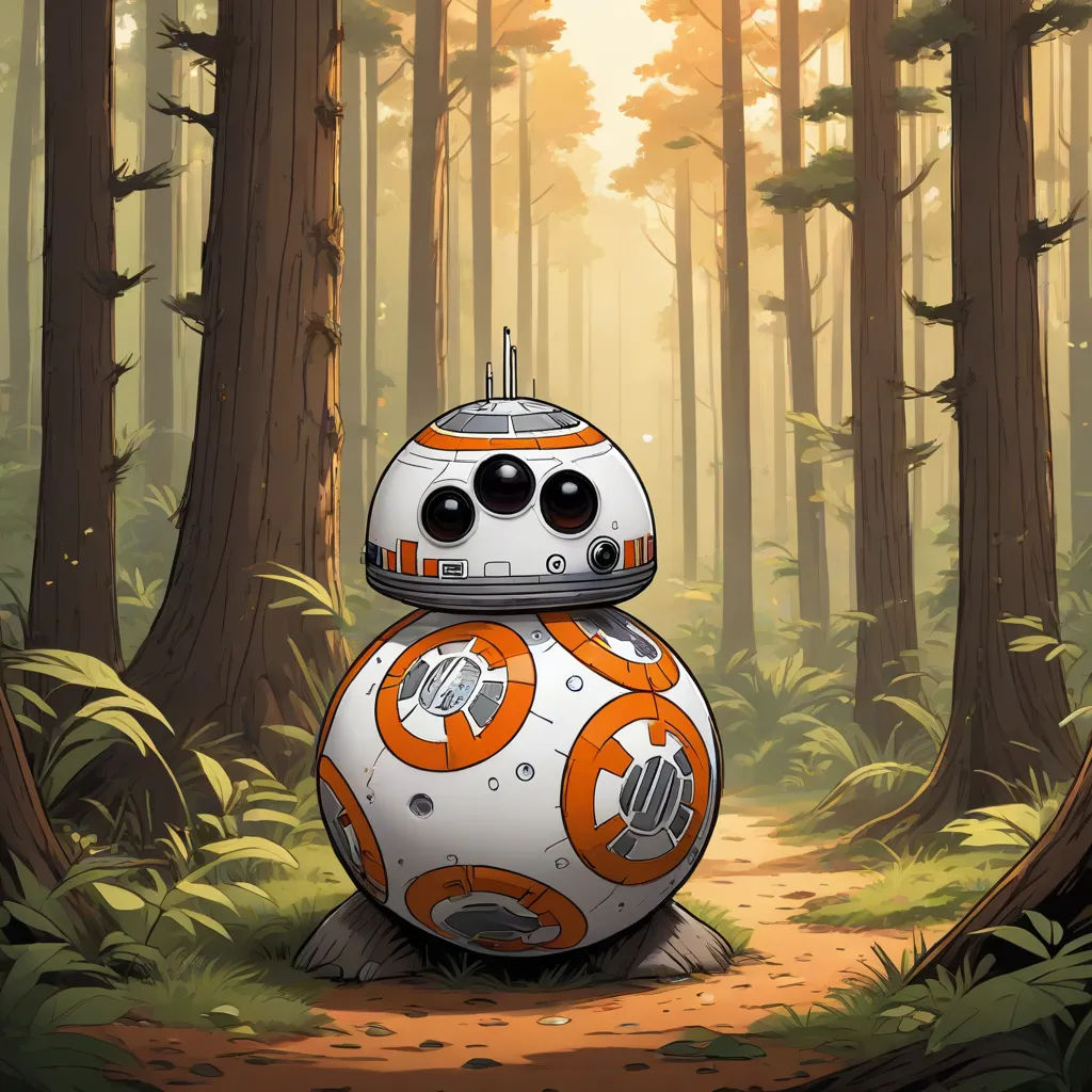 a star wars bbg robot in the woods with trees in the background and sun shining through the trees, concept art, Edward George Handel Lucas, computer art, star wars