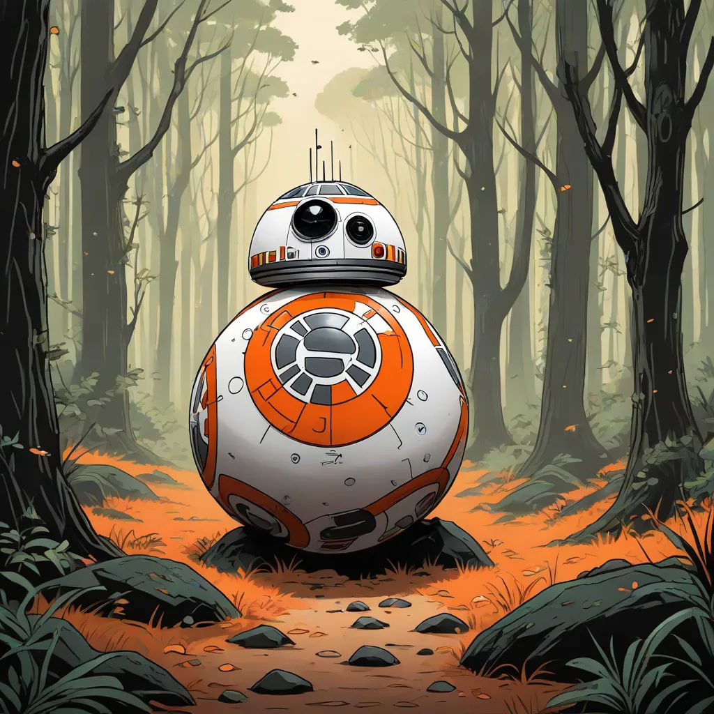 a star wars bbg in the woods with trees and rocks around it, with a path leading to it, poster art, Dan Mumford, space art, josan gonzales and dan mumford