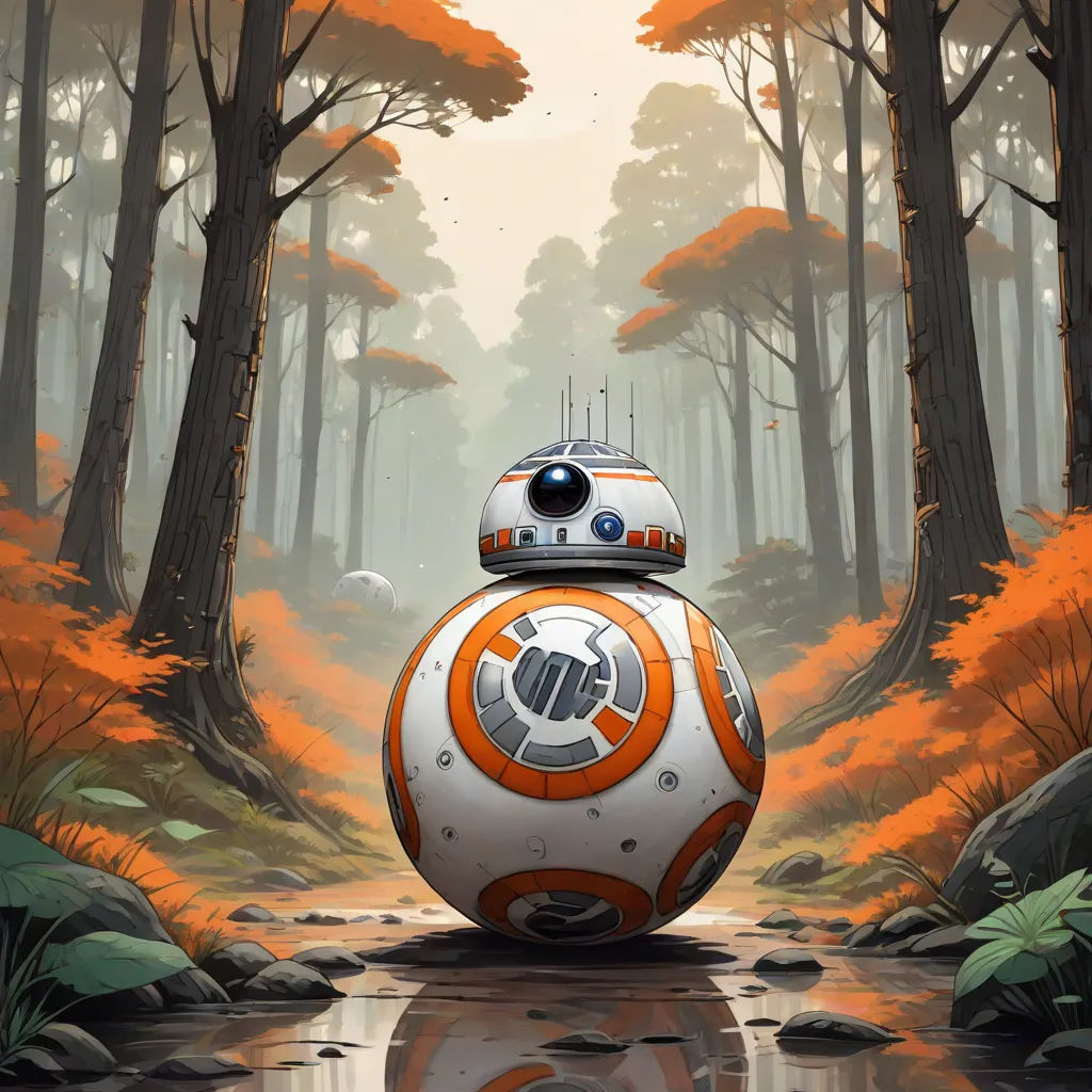 a star wars bbg in the woods with trees and water in the foreground and a reflection of the bbg in the water, a fine art painting, Dan Mumford, space art, highly detailed digital painting