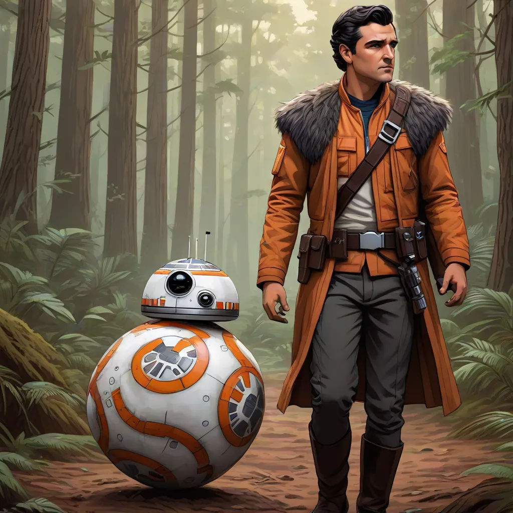 a man in a star wars outfit next to a bbg droid in the woods with a forest background, concept art, Drew Struzan, serial art, official art