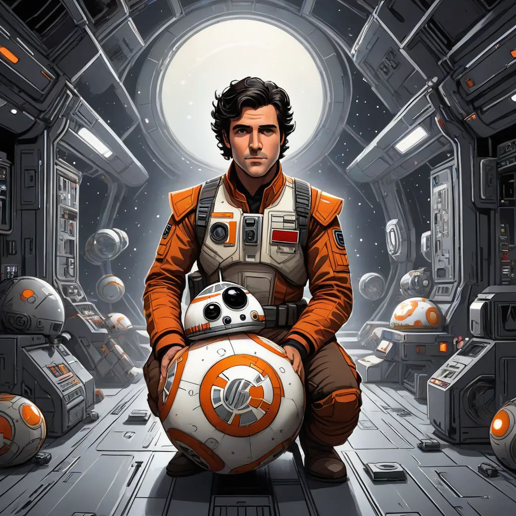 a man in a star wars uniform holding a bbg ball in a space station with other objects around him, poster art, Drew Struzan, space art, official art
