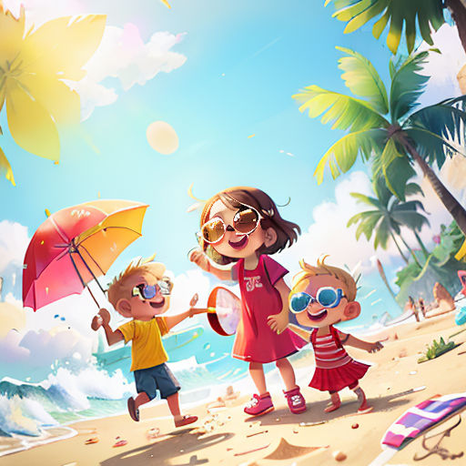 a group of children standing on a beach holding umbrellas and smiling at the camera, with a beach in the background