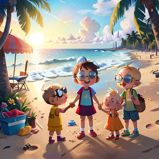 a family of three standing on a beach next to the ocean with a beach umbrella and a chair in the background