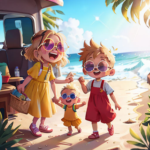 a family of three walking on a beach next to the ocean with a van in the background and a van with a picnic table and chairs