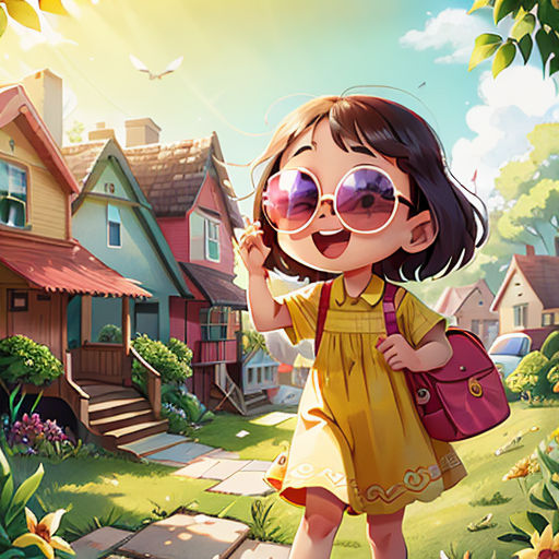 a girl in a yellow dress is standing in a garden with a pink purse and a pink purse on her shoulder