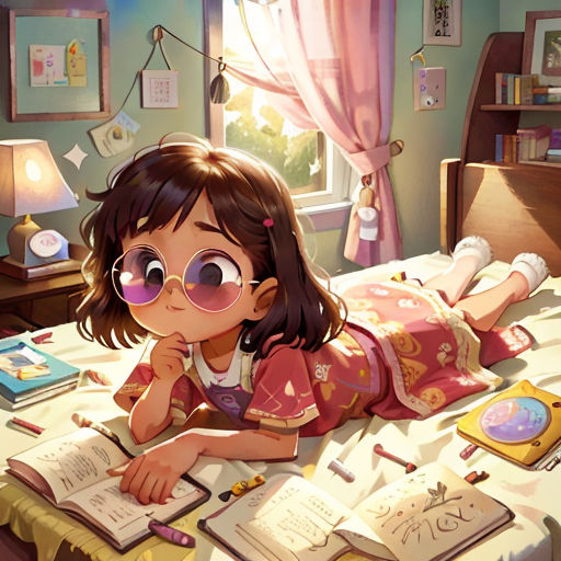 a little girl laying on a bed with a book and a lamp in her hand and a book in her other hand