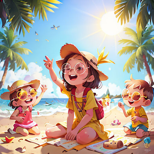 a group of children sitting on a beach next to the ocean with a sun shining on them and a beach towel